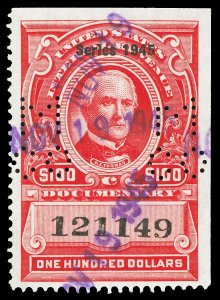 Scott R433 1945 $100.00 Dated Red Documentary Revenue Used F-VF