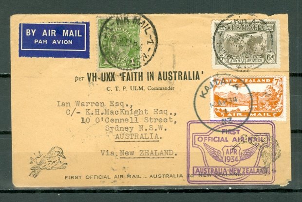 AUSTRALIA-NEW ZEALAND 1934 1st AIR MAIL FLIGHT COVER...LOW$$