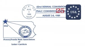 25c STAMPED ENVELOPE PENNSYLVANIA STATE ASSOCIATION LETTER CARRIERS CACHET 1989