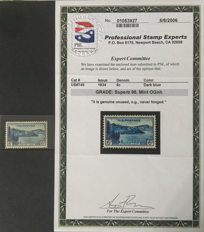 USA SC#745 MNH OG SUPERB 98 PSE CERTIFICATE