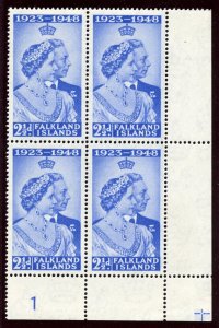 Falkland Is 1948 KGVI Silver Wedding 2½d ultramarine PLATE 1 block MNH. SG 166.