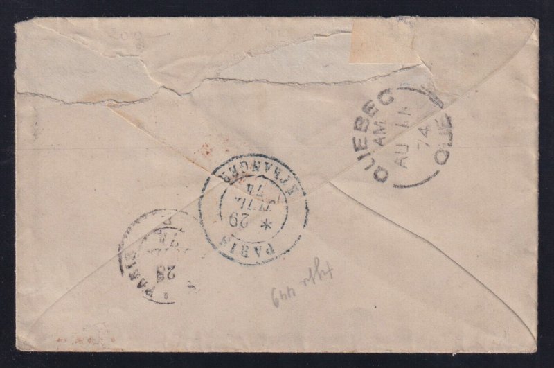 France 1874 10c Ceres Pair +80c rose Cover Brest to Consul Quebec Canada via UK