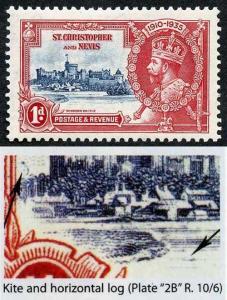 St Christopher and Nevis SG61l Silver Jubilee 1d Kite and Horizontal Log Variet