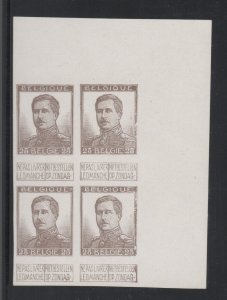 BELGIUM  #105P trial colour proof BROWN block of 4 UR corner