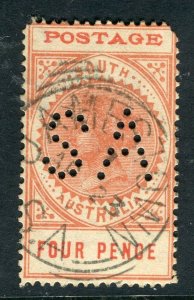 SOUTH AUSTRALIA; Early 1900s QV Stamp Duty ' SA ' Perfin Official 4d. + Postmark