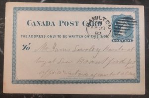 1882 Hamilton Canada Postal Stationary Postcard Cover