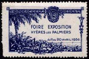 1936 France Poster Stamp Hyères Les Palmiers Exhibition Fair From 11-20 April