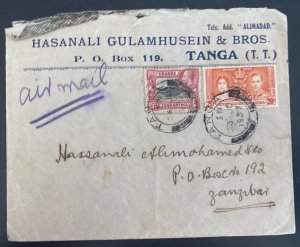 1937 Tanga Tanganyika TT British KUT Commercial Airmail Cover To Zanzibar