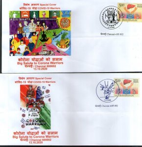 India 2020 Big Salute to Corona Warriors COVID-19 Health Set of 5 Special Covers