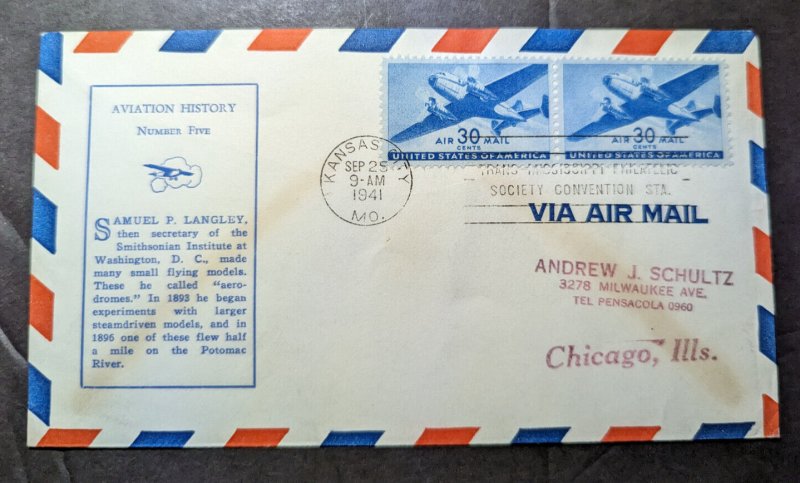 1941 USA Airmail Cover Kansas City MO to Chicago IL Aviation History Cachet