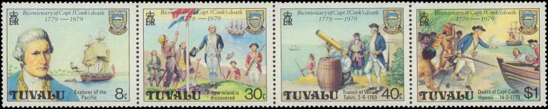 Tuvalu #117a, Complete Set, Strip of 4, 1979, Captain Cook, Never Hinged