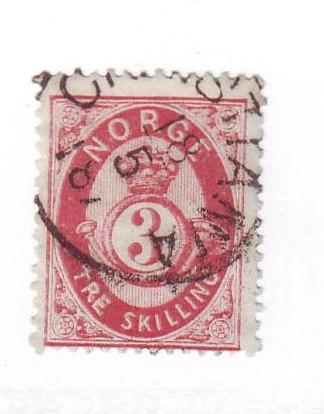 Norway Sc 18 1872 3 sk rose posthorn stamp used