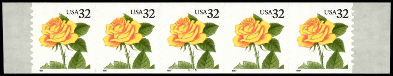 US Sc 3054 VF/MNH PLATE # STRIP OF 5 - 1997 - 32¢ Yellow Rose