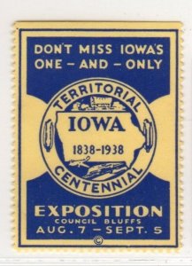 USA Cinderella Stamp - Iowa Territorial Centennial 1938 with Exposition - MNH