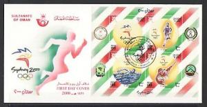 Oman, Scott cat, 422 E. Sydney Olympics SCARCE s/sheet on a First day cover.