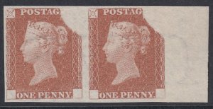 SG DP20. 1840 1d Rainbow colour trial in pale red, marginal pair. In superb...