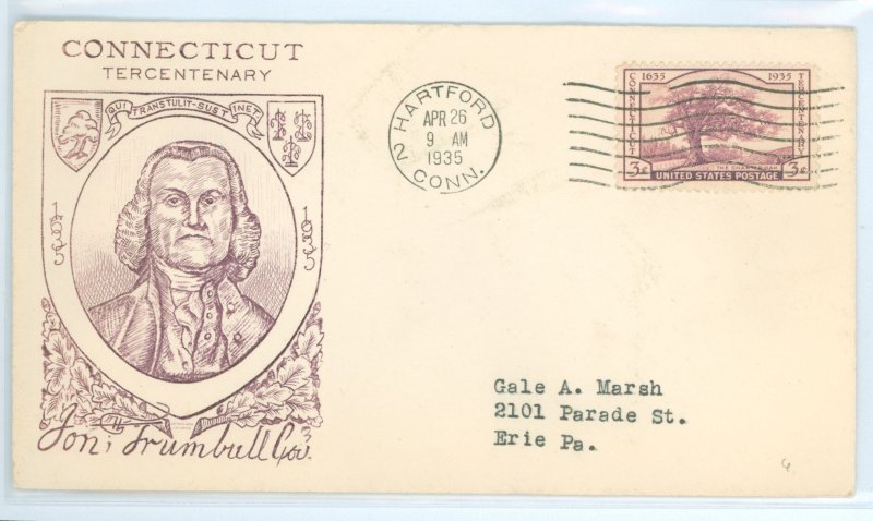 US 772 1935 3c Connecticut Tercentenary (charter oak/tree) single on an addressed FDC with a Grimsland cachet.