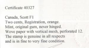 Canada #F1 Mint Fine - Very Fine Never Hinged **With Certificate**