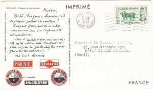 FALKLAND ISLANDS cover postmark Port Stanley, 13 June 1952 - postcard to France