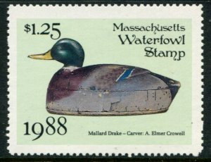 MA15 US $1.25 Massachusetts 1988 Waterfowl Stamp, MNH