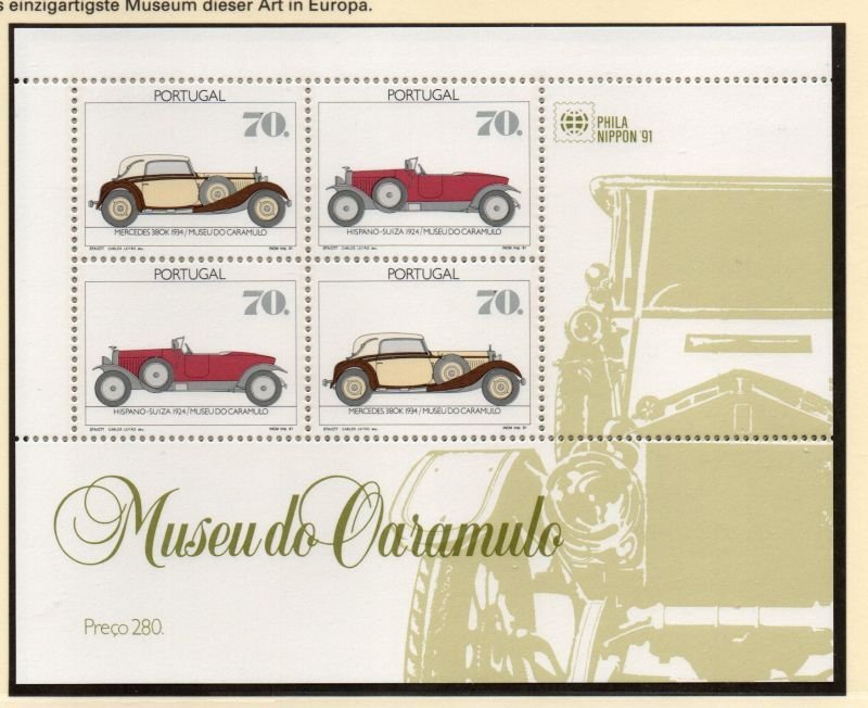 Portugal   Sc 1906A 1992 Old Cars,  Museum,  stamp sheet mint NH