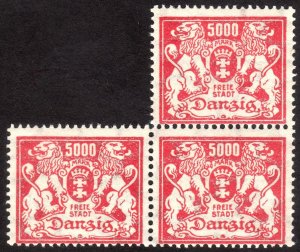 1923, Danzig, 5000Mk, MNH block of 3, Sc 129, Mi 152