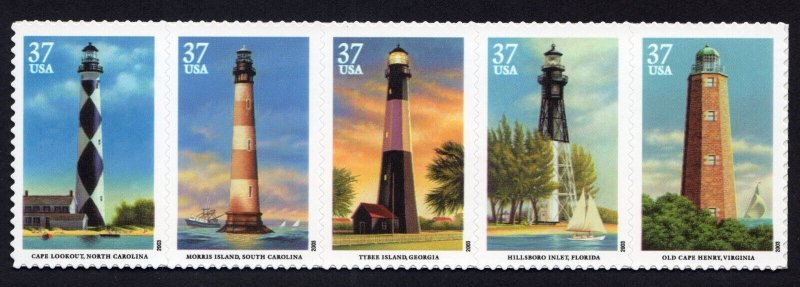 Scott #3791a Southeastern Lighthouses Block of 5 Stamps - MNH Lookout 1st