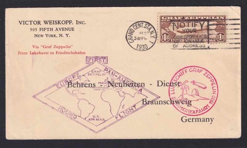 US Scott C14 (on cover) May 27th 1930 Graf Zeppelin, $1.30 brown, VERY FINE USED
