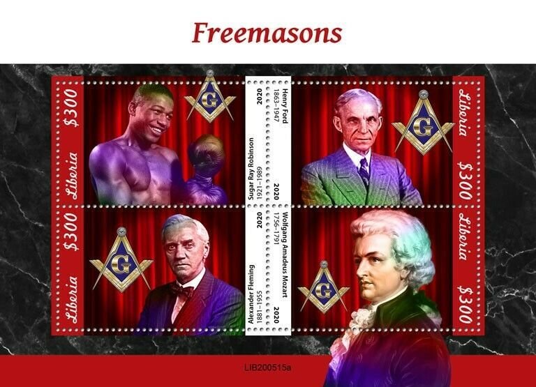 Liberia Freemasons Stamps 2020 MNH Freemasonry Mozart Henry Ford Fleming 4v M/S