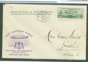 US C18 1933 50c Baby Zep franked on this cover sent via Graf Zeppelin from Akron, OH to Seville, Spain then onward to the addr