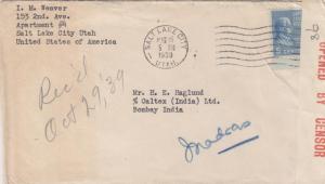 1939, Salt Lake City, UT to Bombay, India, Indian Censored, See Remark (C2839)