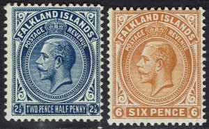 FALKLAND ISLANDS 1912 KGV 2½D AND 6D WMK MULTI CROWN CA