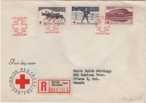 Finland 1960 FDC Sc B157-B159 Reindeer, Lapp, Mountains Reg. Airmail to Canada