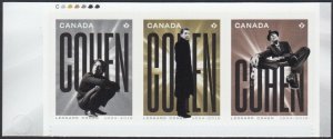 L. COHEN = strip of 3 different st with Colour ID marks from BK Canada 2019 MNH