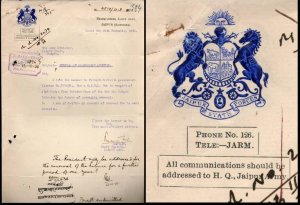 India 1938 Jaipur Sate Forces Crested Letter Coat of Arms For Arms Renewal In...
