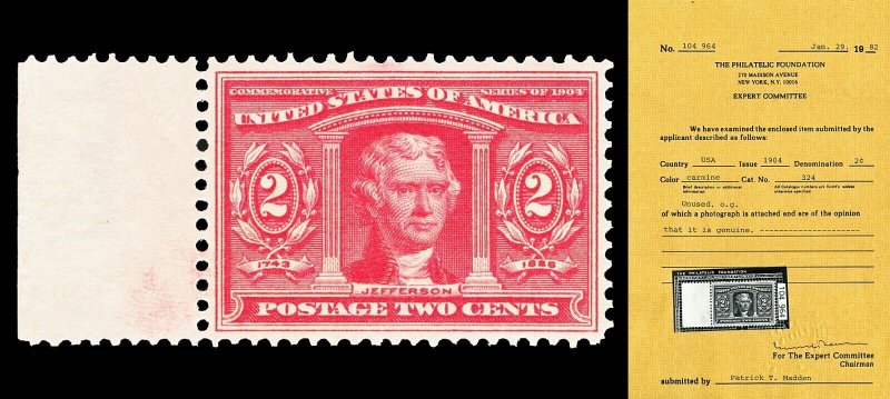 Scott 324 1904 2c Louisiana Purchase Issue Mint XF OG NH with PF CERTIFICATE
