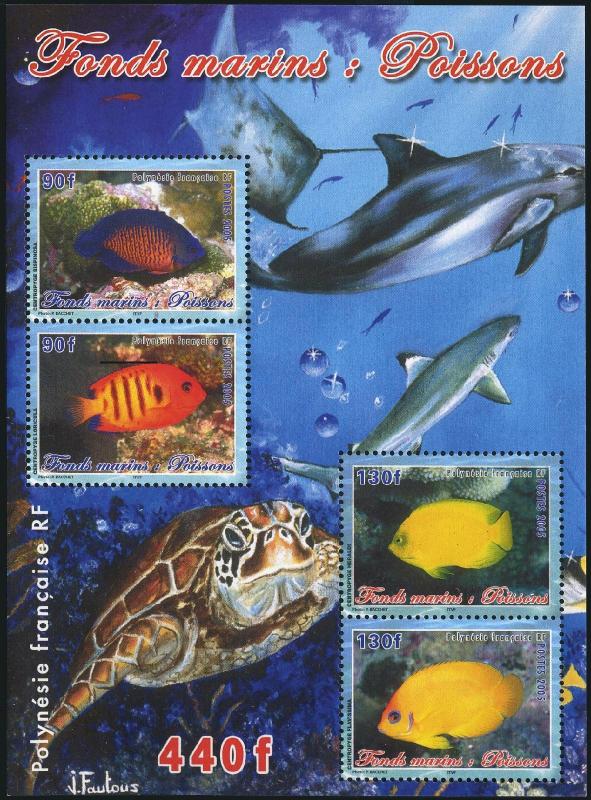 Fr Polynesia 893-896,896a,MNH. Marine life,2005.Angelfish.Sharks,Dolphin,Turtle.