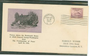 US 727 1933 3c Washington's headquarters (1783 Proclamation of Peace) on an addressed first day cover with a Roessler ca...