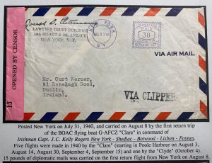 1940 New York USA Airmail Censored Cover to Dublin Ireland Flying Boat G AFCZ