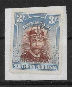 SOUTHERN RHODESIA Bft1 1924 3/= BLACK & BLUE FISCALLY USED ON PIECE