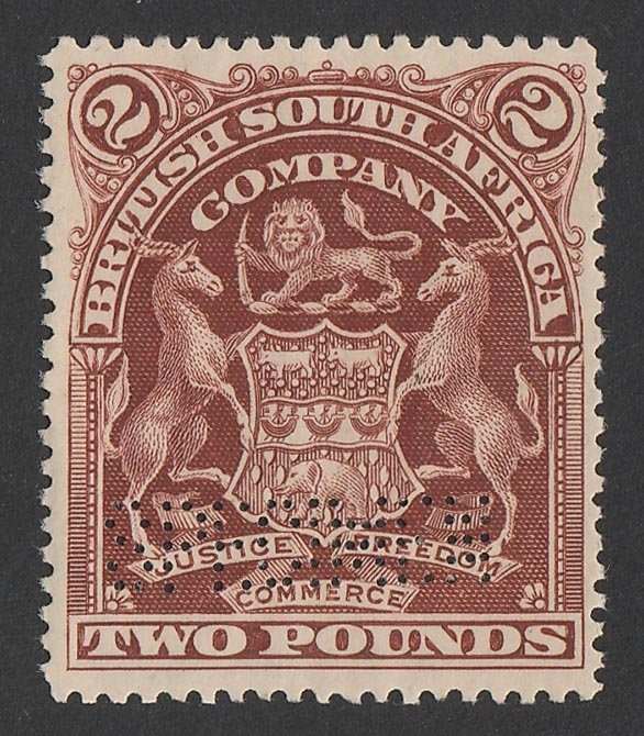 RHODESIA 1898 Arms £2 brown, perf SPECIMEN 