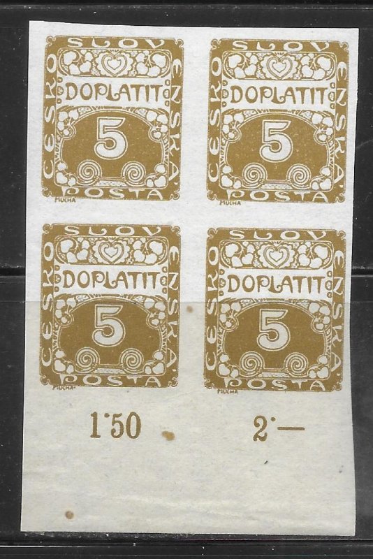 Czechoslovakia J1 5h Postage Due Block of 4 MNH