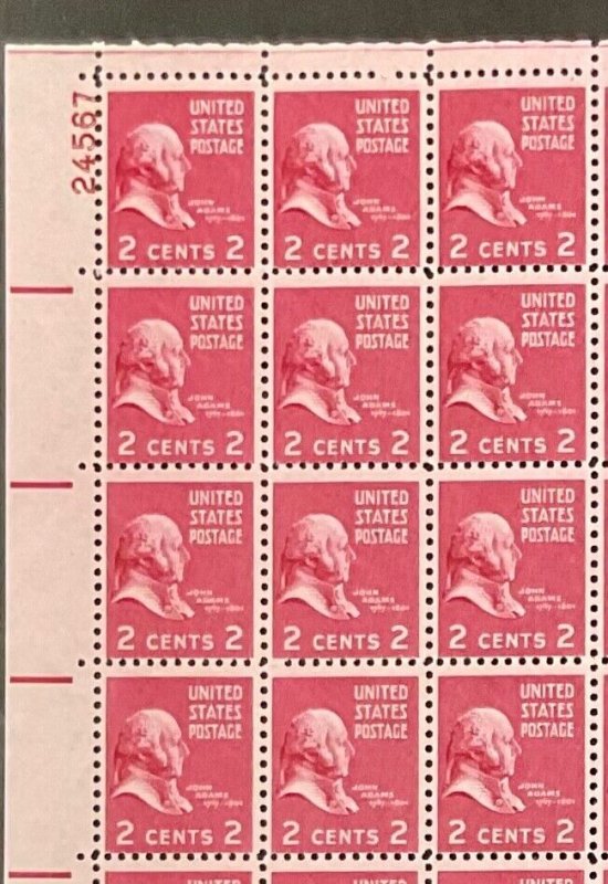 806 Presidential Series, John Adams  MNH 2 cent Sheet of 100  Scarcer plate # 