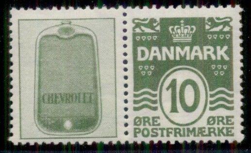 DENMARK (RE15) 10ore green, CHEVROLET advertising pair, og, XLH, VF