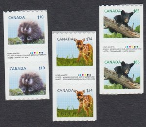 DEER FAWN = BEAR CUB = set of 3 GUTTER pairs from coil Canada 2013 #2605-07