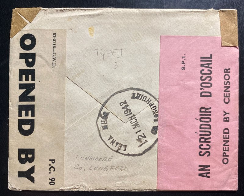 1942 Longford Ireland Dual Censored Airmail Cover To New York USA
