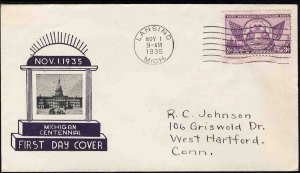 United States First Day Covers #775-31, 1935 3c Michigan Centenary, unknown c...