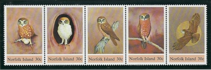 Norfolk Is 343 MNH 1984 Owls strip of 5 (fe4034)