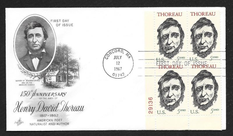 UNITED STATES FDC 5¢ Henry David Thoreau PLATE BLOCK 1967 ArtCraft