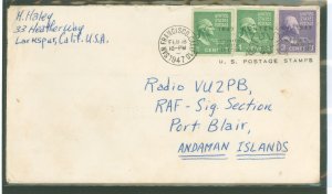 US 839/842 1947 two 1c prexy coils & a 3c prexy coil paid the 5c UPU surface rate to a Ham Radio operator in Port Blair, the pri